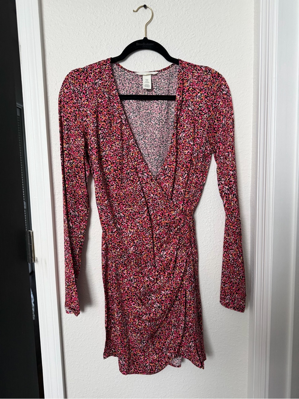 H&M Red Pink Floral Wrap-Style Long Sleeve Dress